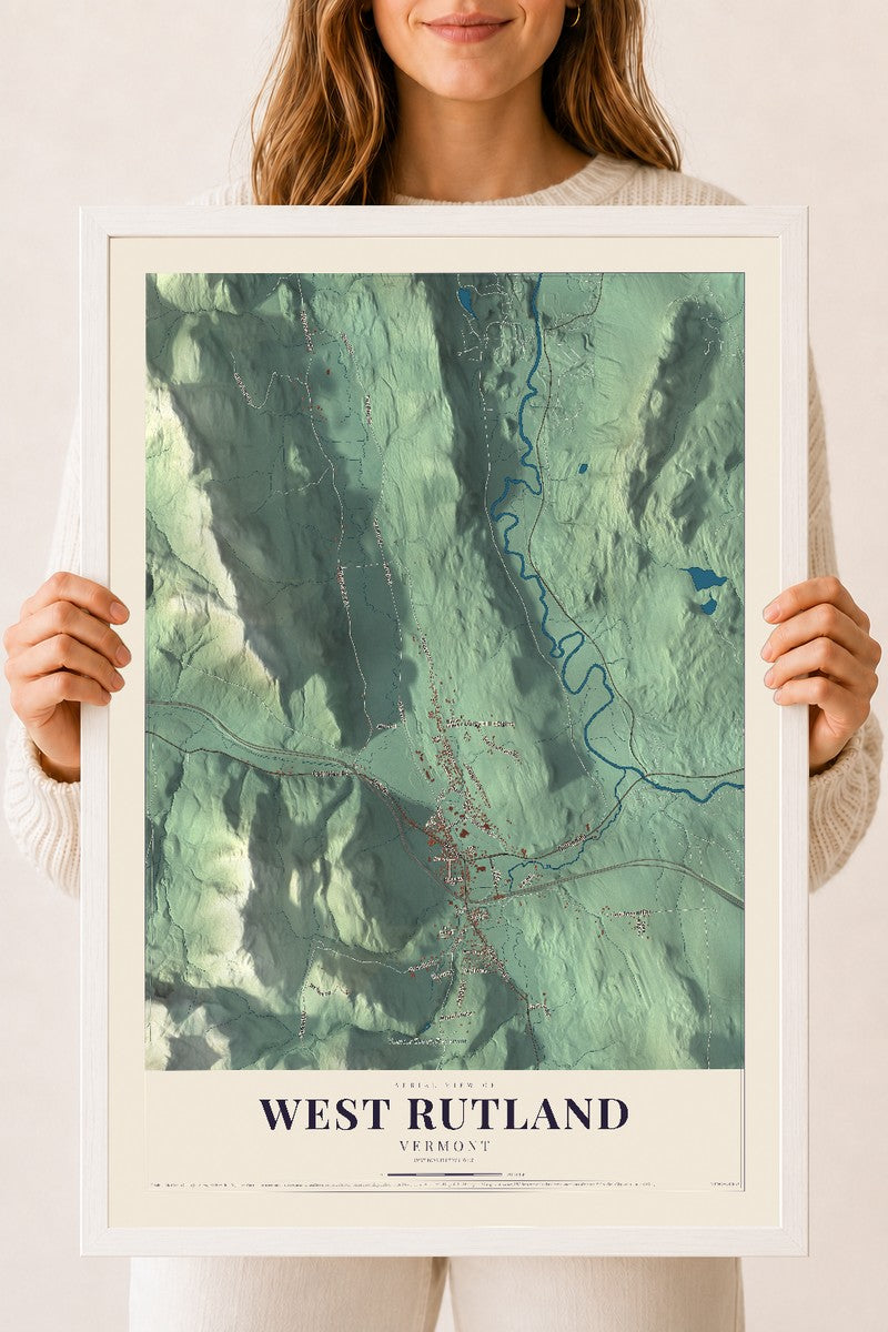 West Rutland, Vermont map print - 18 x 24 white Ayous wood frame