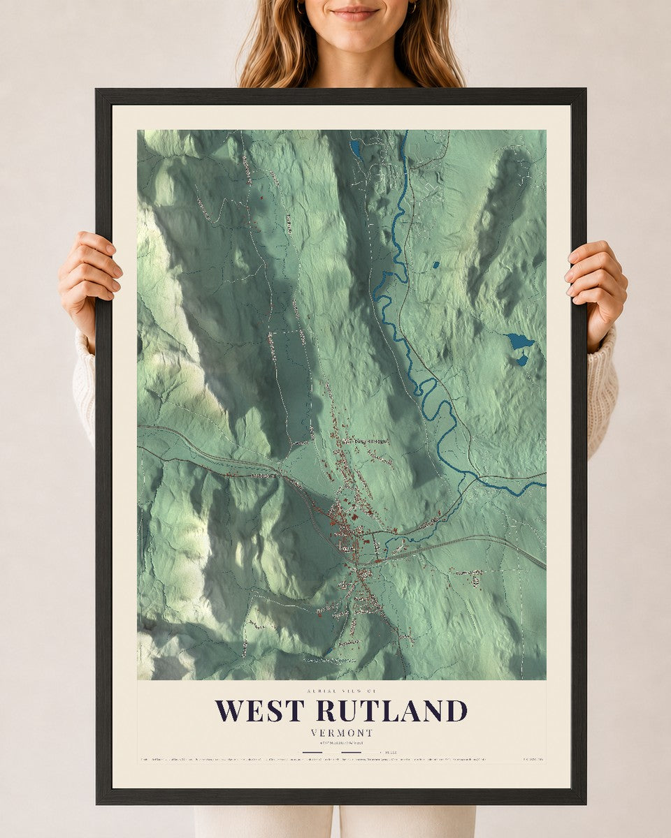 West Rutland, Vermont map print - 24 x 36 black Ayous wood frame