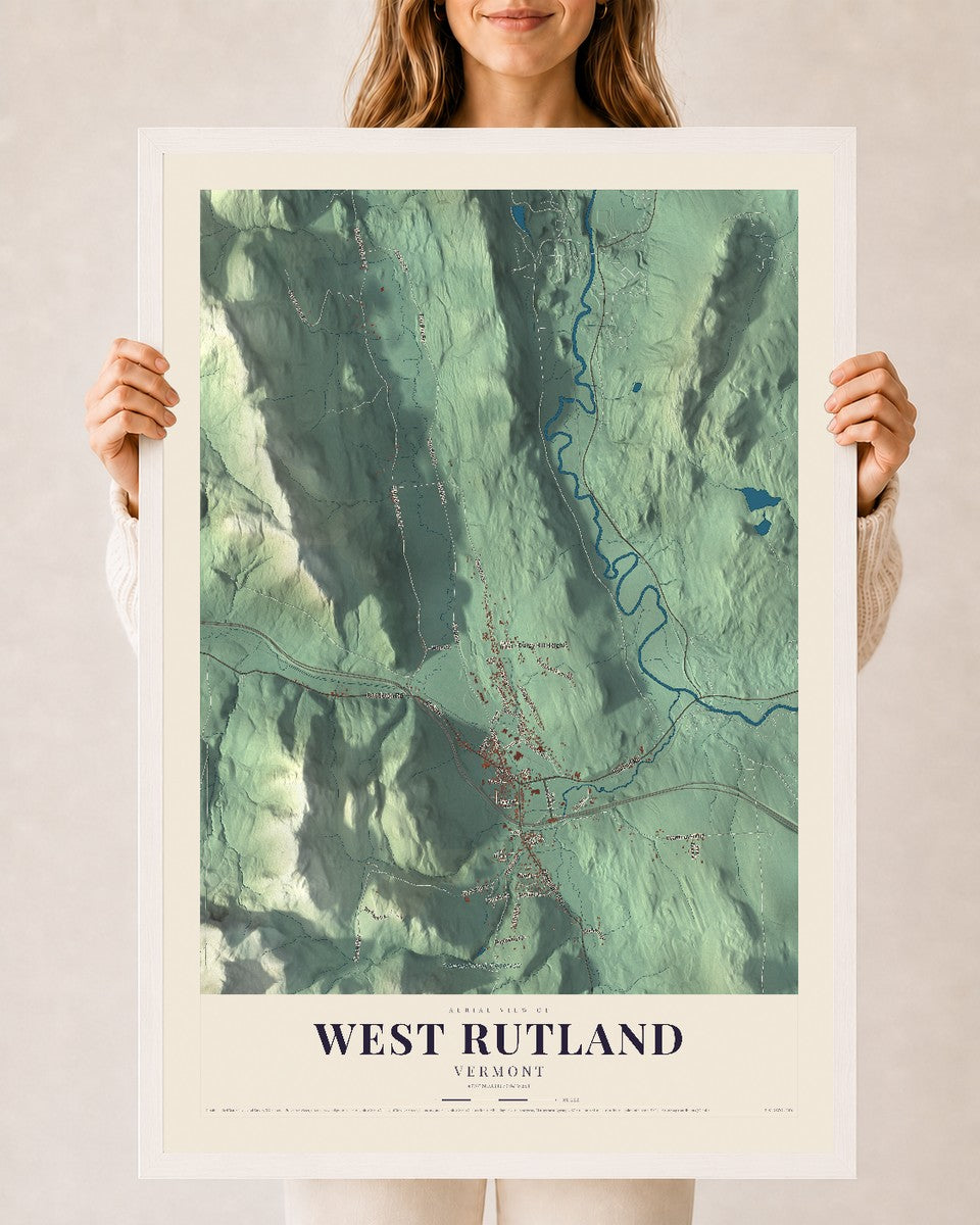 West Rutland, Vermont map print - 24 x 36 white Ayous wood frame