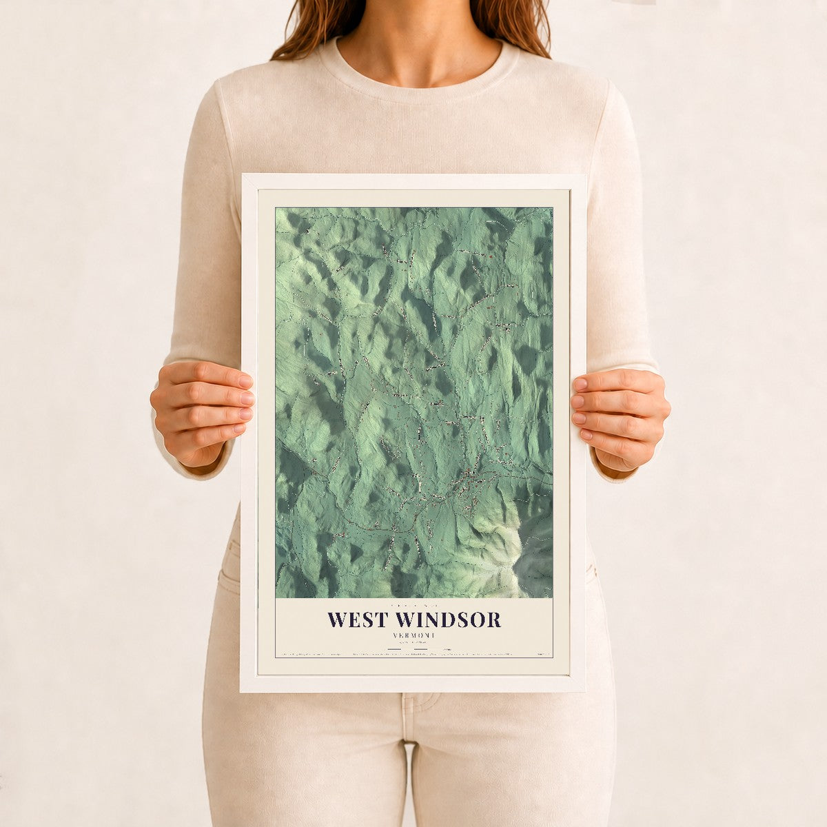 West Windsor, Vermont map print - 12 x 18 white Ayous wood frame