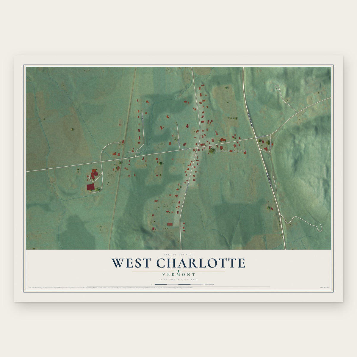 West Charlotte, Vermont map print, the full design