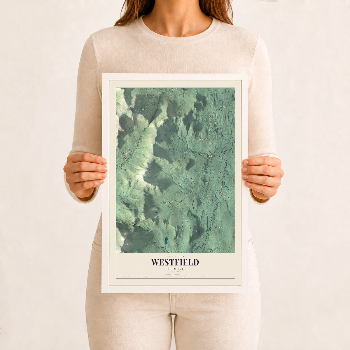 Westfield, Vermont map print - 12 x 18 white Ayous wood frame