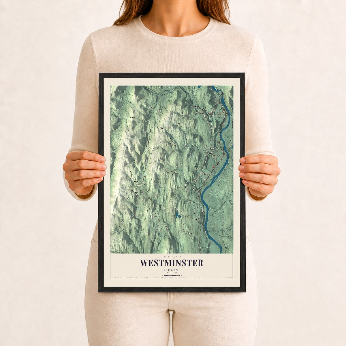 Westminster, Vermont map print - 12 x 18 black Ayous wood frame