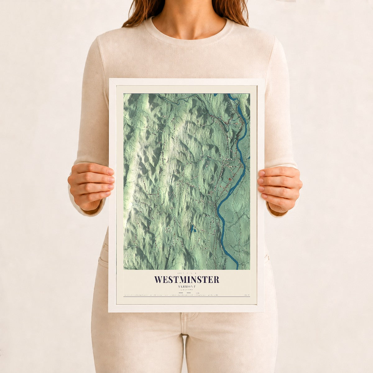 Westminster, Vermont map print - 12 x 18 white Ayous wood frame