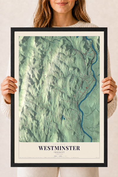 Westminster, Vermont map print - 18 x 24 black Ayous wood frame
