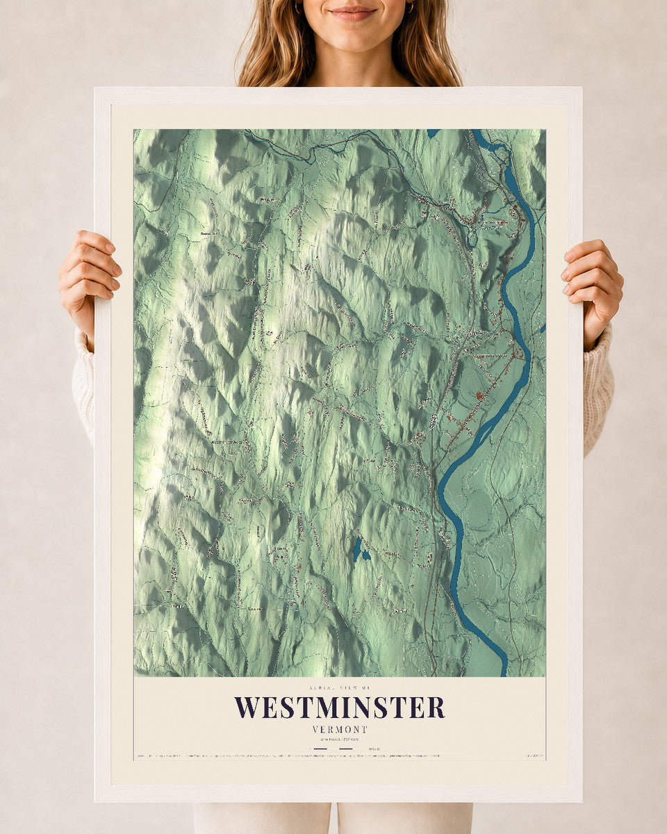 Westminster, Vermont map print - 24 x 36 white Ayous wood frame