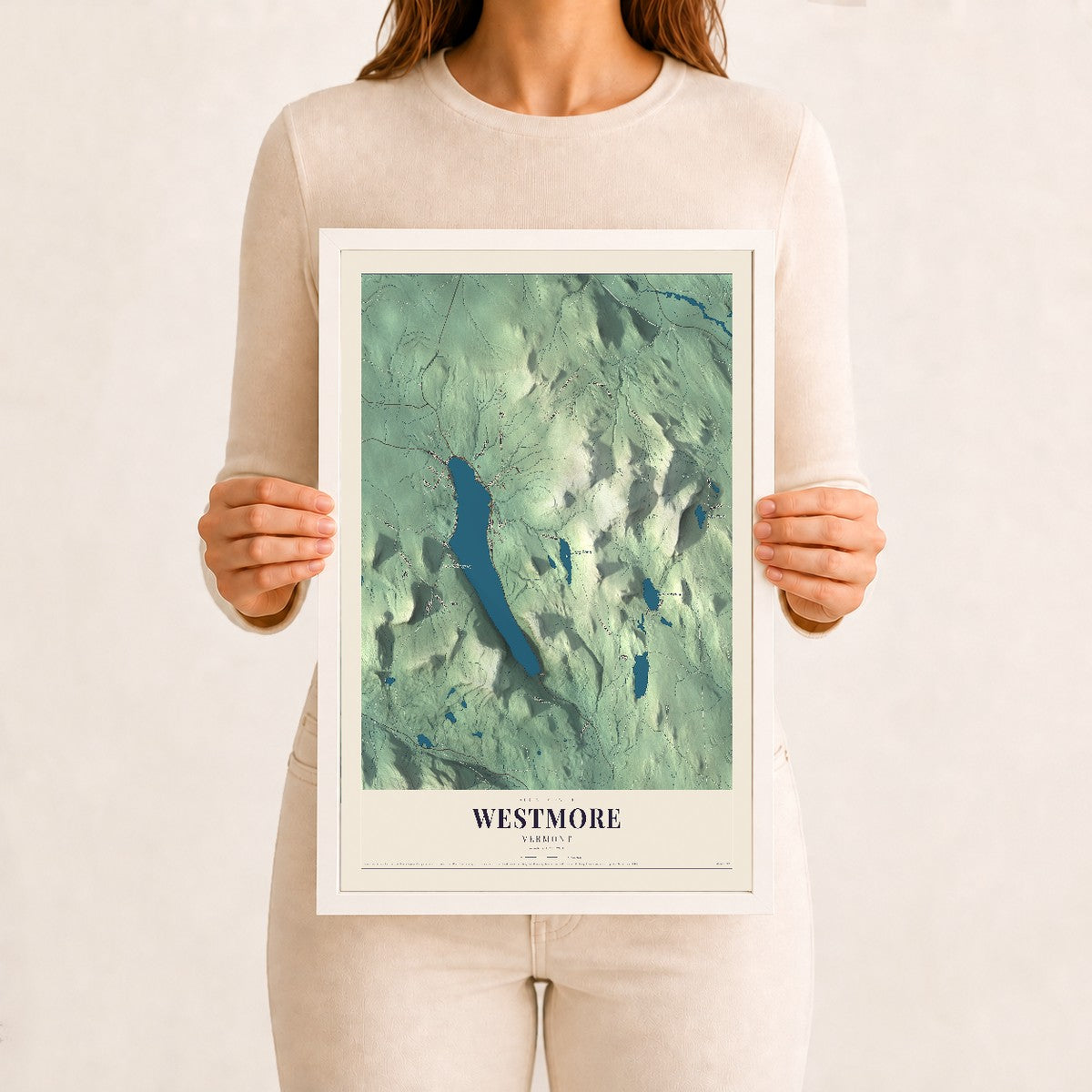 Westmore, Vermont map print - 12 x 18 white Ayous wood frame
