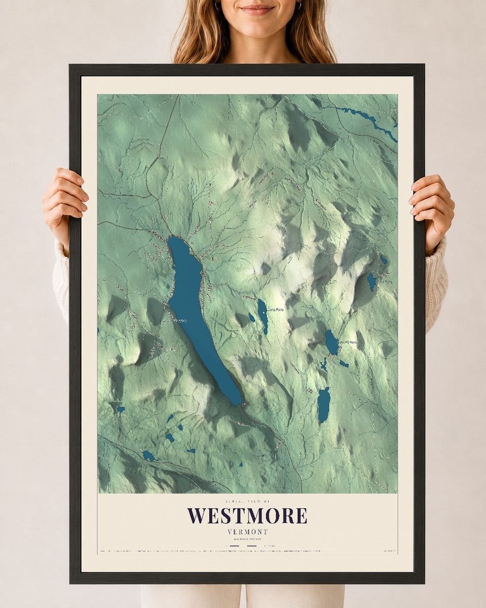 Westmore, Vermont map print - 24 x 36 black Ayous wood frame