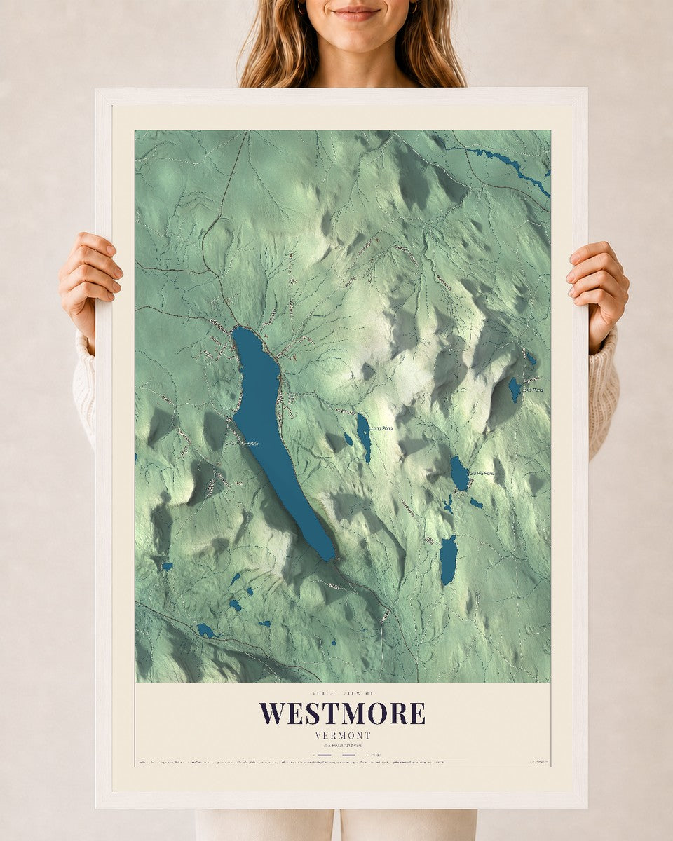 Westmore, Vermont map print - 24 x 36 white Ayous wood frame