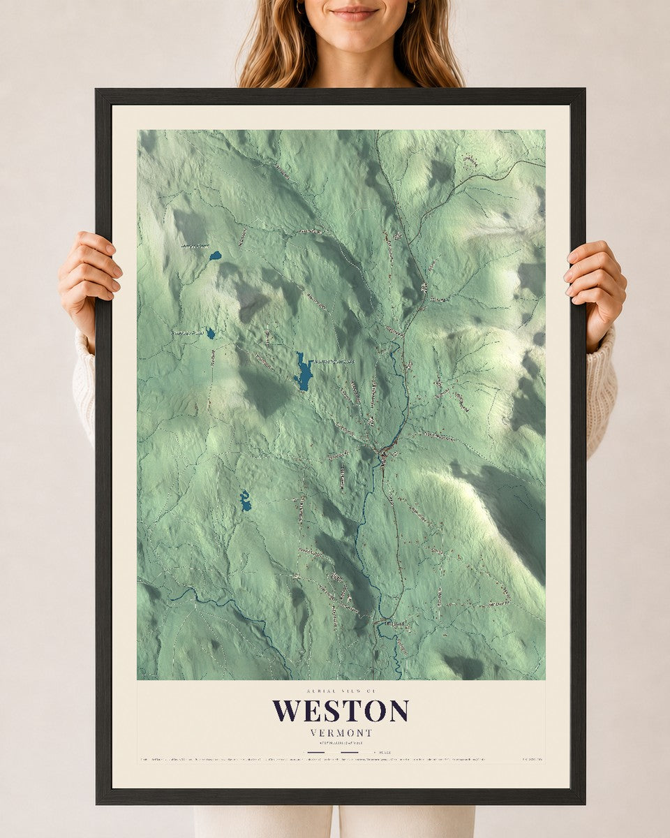 Weston, Vermont map print - 24 x 36 black Ayous wood frame