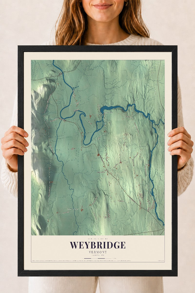 Weybridge, Vermont map print - 18 x 24 black Ayous wood frame