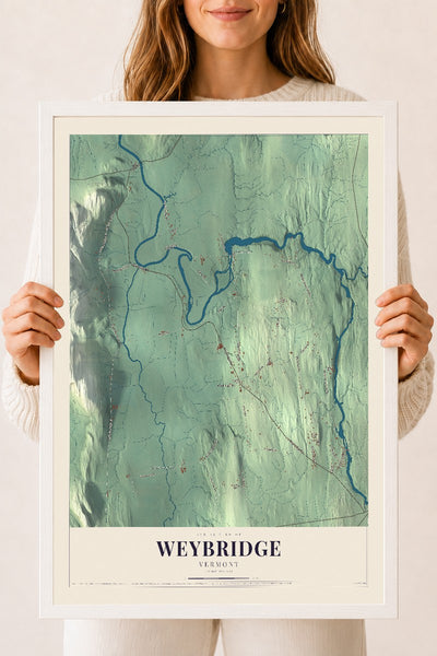 Weybridge, Vermont map print - 18 x 24 white Ayous wood frame