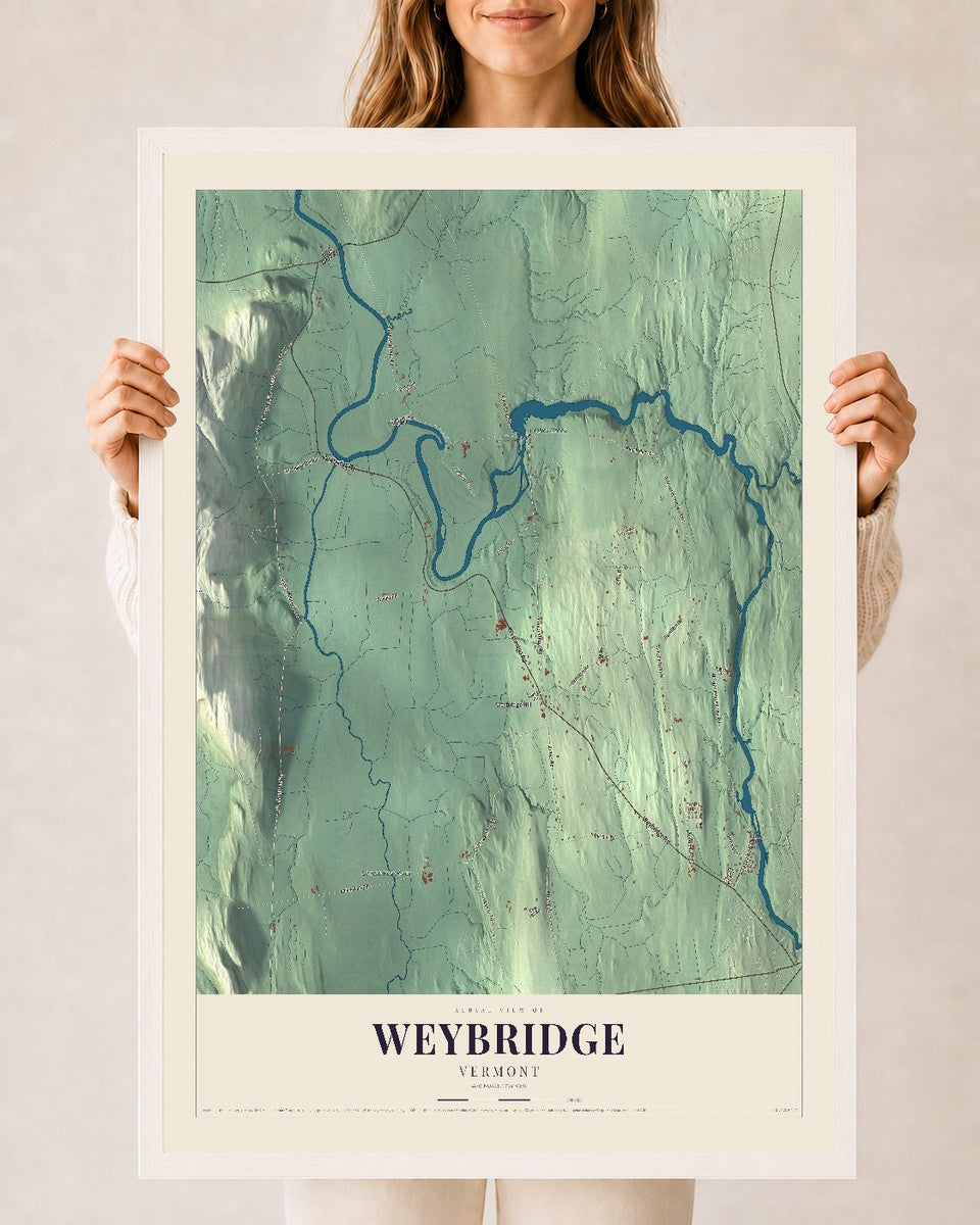 Weybridge, Vermont map print - 24 x 36 white Ayous wood frame