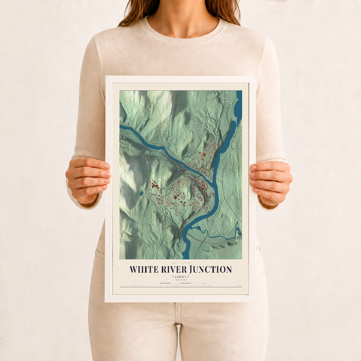 White River Junction, Vermont map print - 12 x 18 white Ayous wood frame
