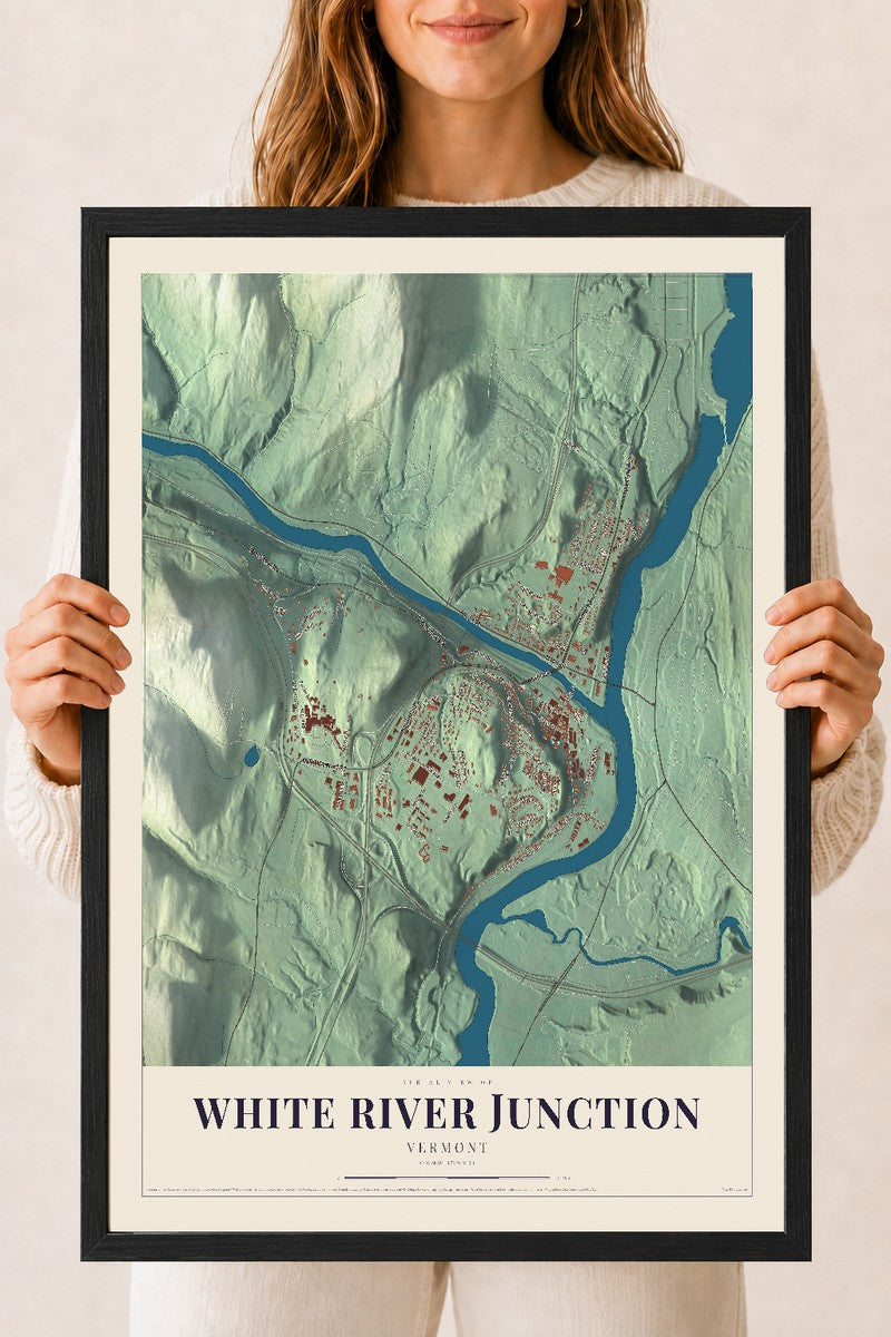 White River Junction, Vermont map print - 18 x 24 black Ayous wood frame