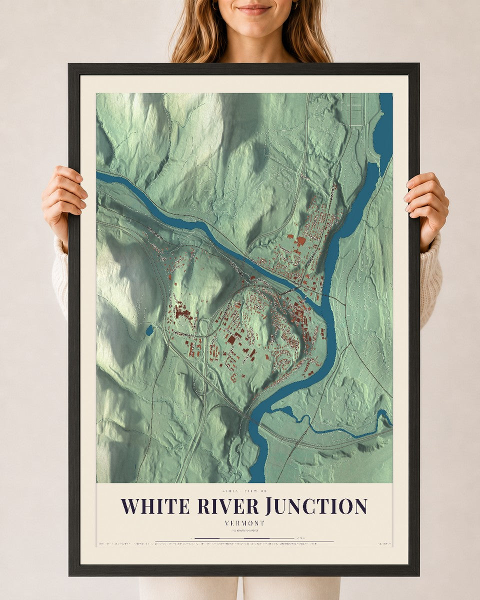 White River Junction, Vermont map print - 24 x 36 black Ayous wood frame