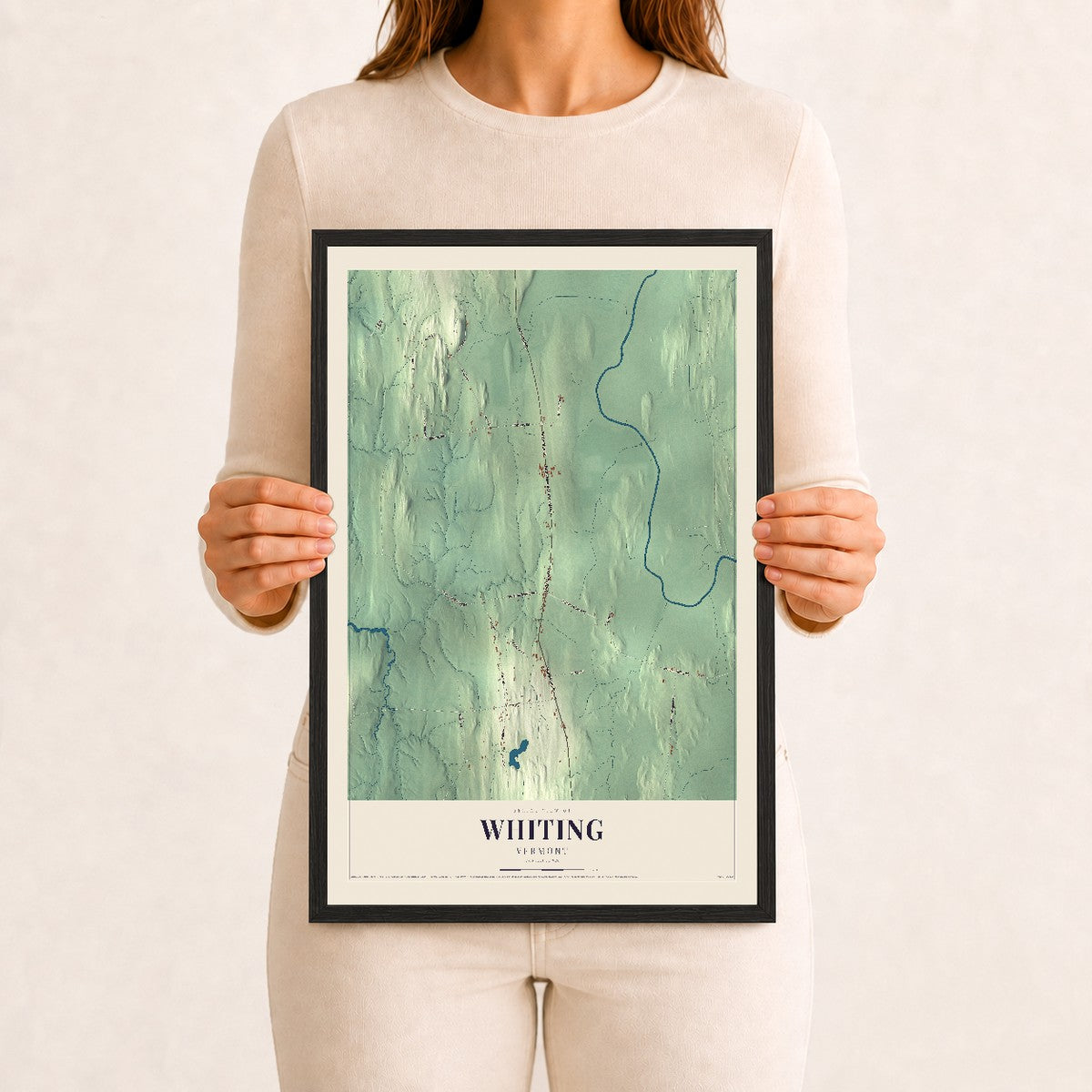 Whiting, Vermont map print - 12 x 18 black Ayous wood frame