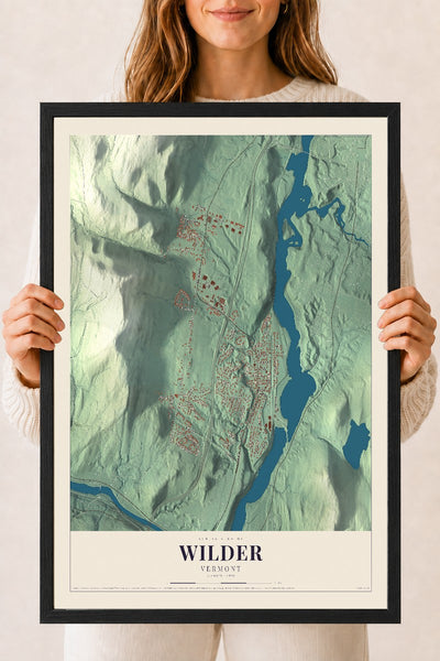 Wilder, Vermont map print - 18 x 24 black Ayous wood frame