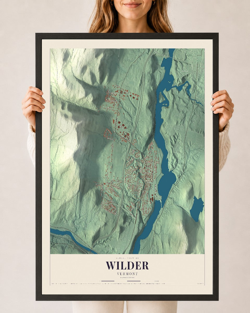 Wilder, Vermont map print - 24 x 36 black Ayous wood frame