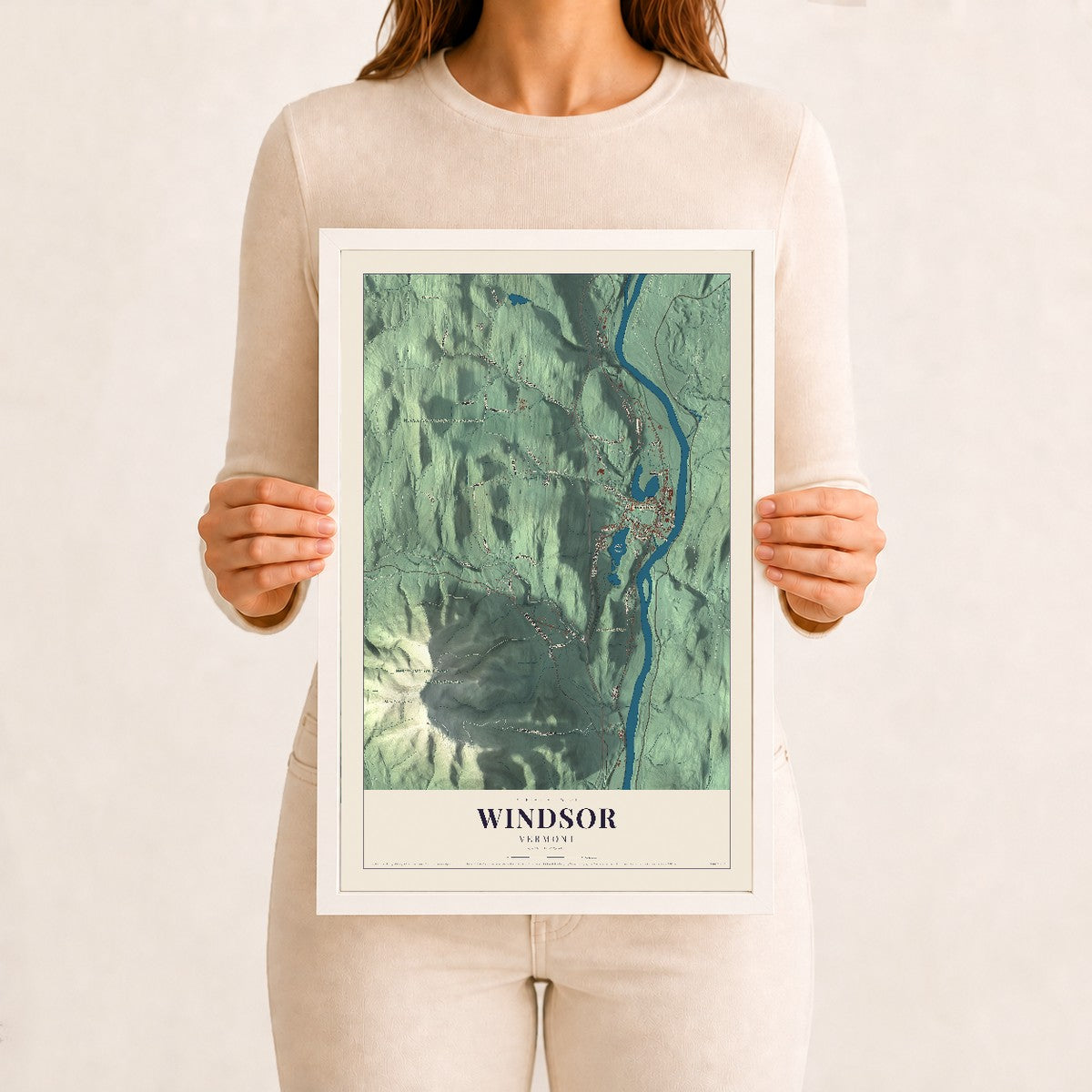 Windsor, Vermont map print - 12 x 18 white Ayous wood frame