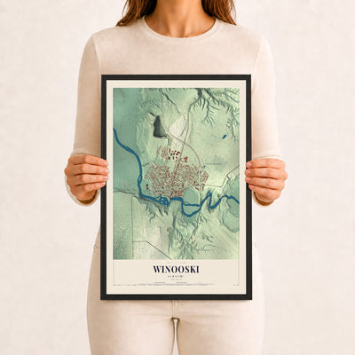 Winooski, Vermont map print - 12 x 18 black Ayous wood frame