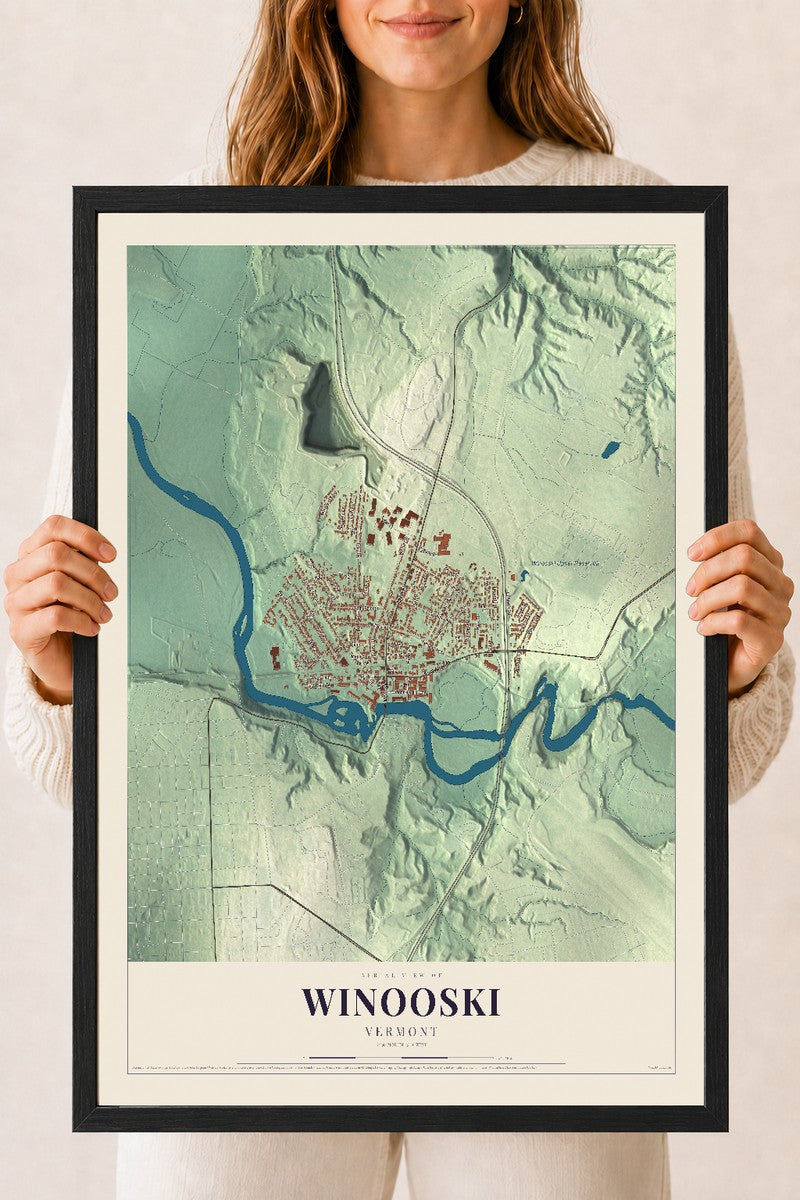 Winooski, Vermont map print - 18 x 24 black Ayous wood frame
