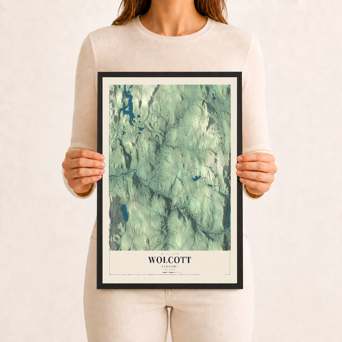 Wolcott, Vermont map print - 12 x 18 black Ayous wood frame