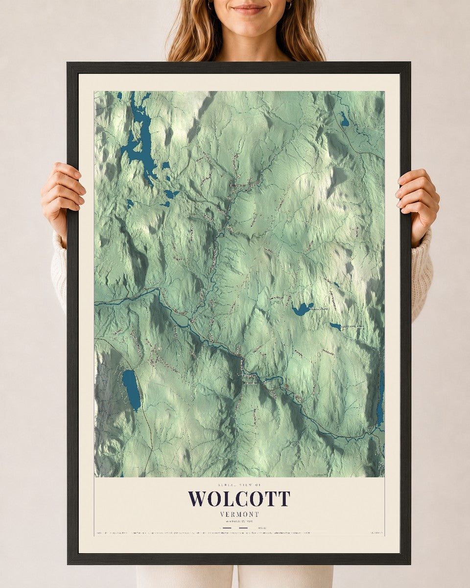 Wolcott, Vermont map print - 24 x 36 black Ayous wood frame