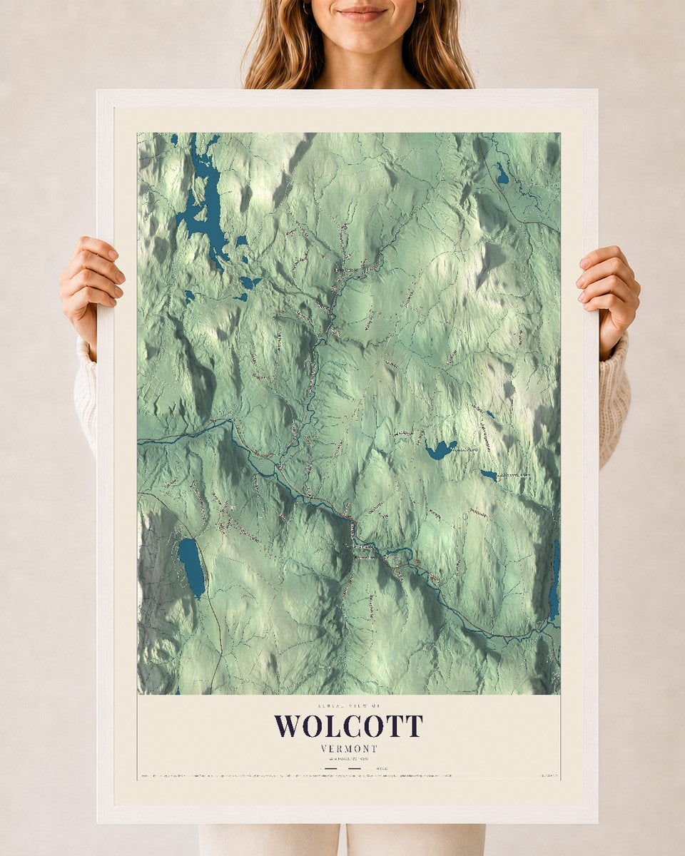 Wolcott, Vermont map print - 24 x 36 white Ayous wood frame