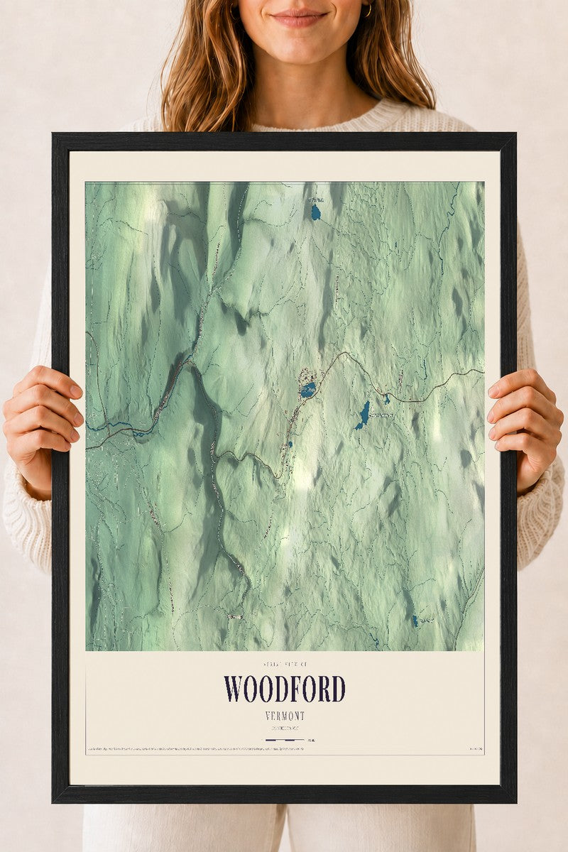 Woodford, Vermont map print - 18 x 24 black Ayous wood frame
