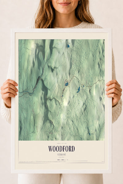 Woodford, Vermont map print - 18 x 24 white Ayous wood frame