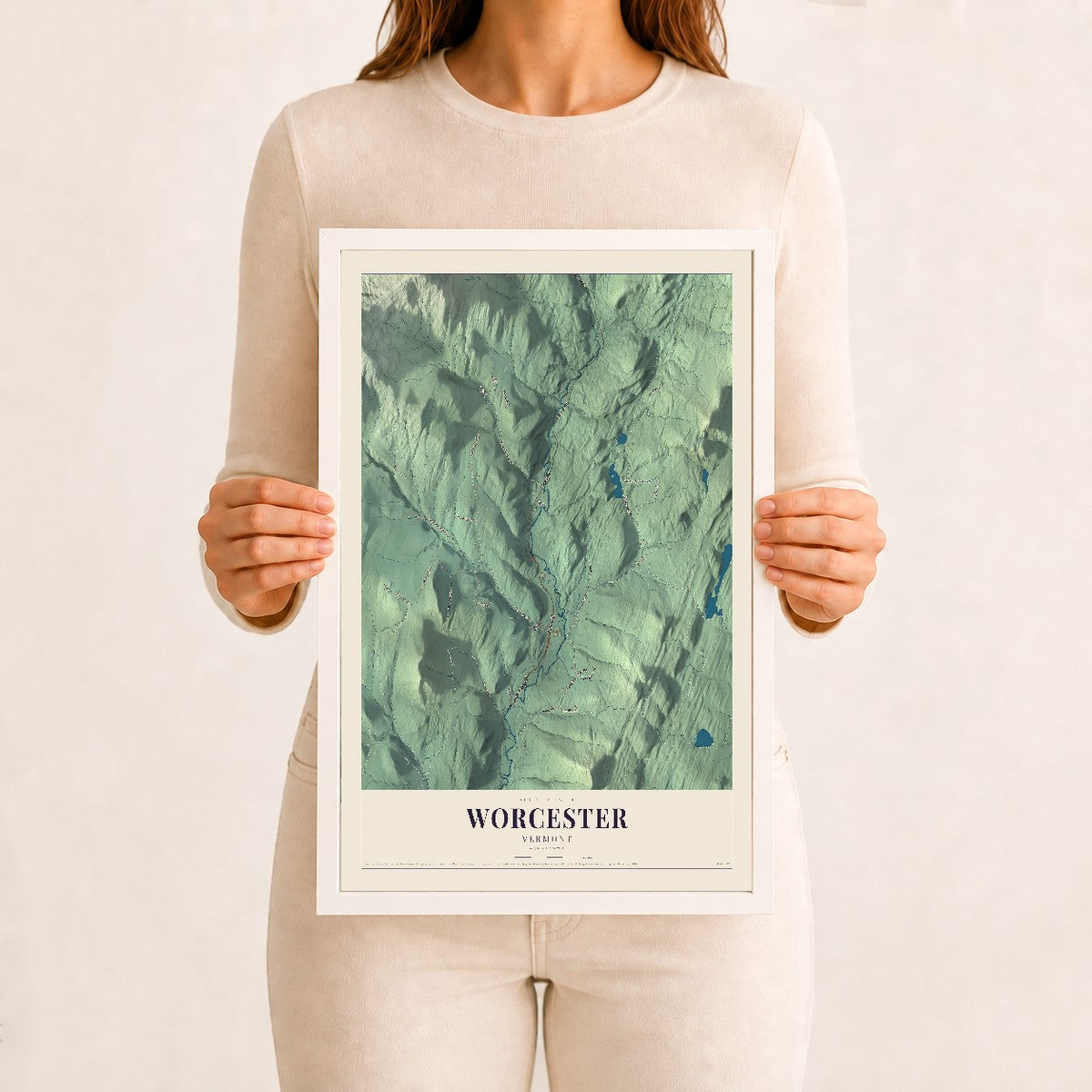 Worcester, Vermont map print - 12 x 18 white Ayous wood frame