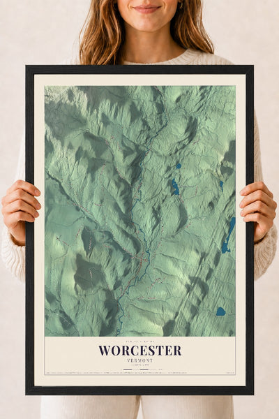 Worcester, Vermont map print - 18 x 24 black Ayous wood frame