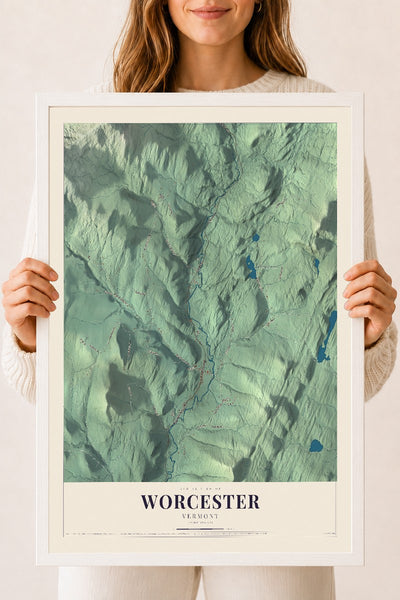 Worcester, Vermont map print - 18 x 24 white Ayous wood frame