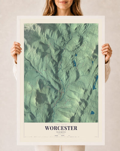 Worcester, Vermont map print - 24 x 36 white Ayous wood frame