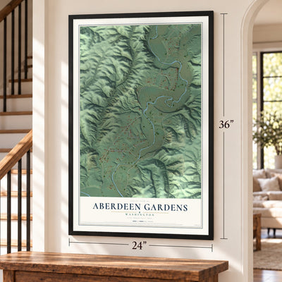 Aberdeen Gardens, Washington map, 24 x 36 inch print in a black frame by a staircase