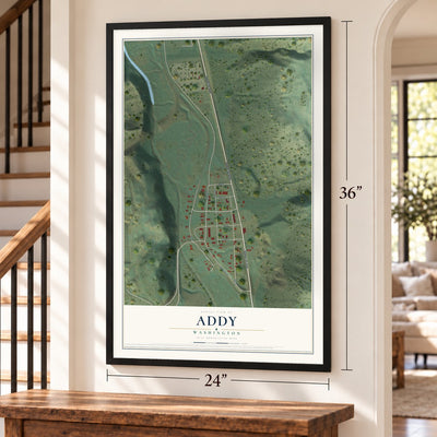 Addy, Washington map, 24 x 36 inch print in a black frame by a staircase