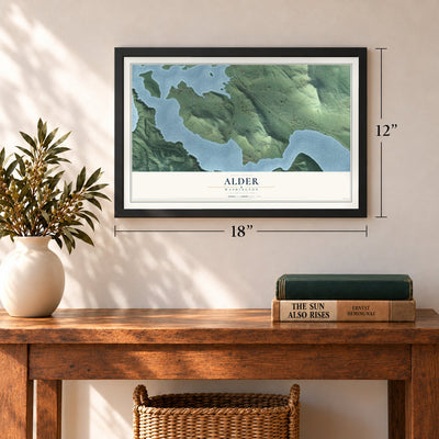 Alder, Washington map, 12 x 18 inch print in a black frame in an entryway