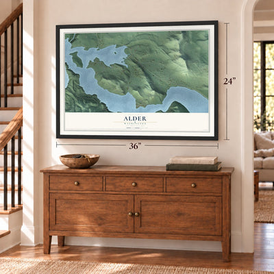 Alder, Washington map, 24 x 36 inch print in a black frame above a dresser by a staircase