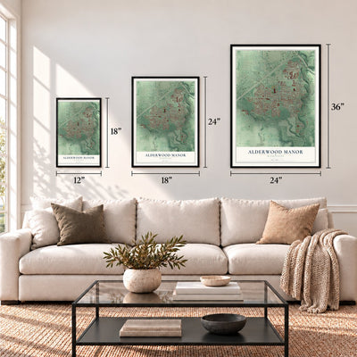 Alderwood Manor, Washington map in 12 x 18, 18 x 24 and 24 x 36 inch sizes above a sofa