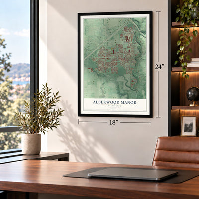 Alderwood Manor, Washington map, 18 x 24 inch print in a black frame in a home office
