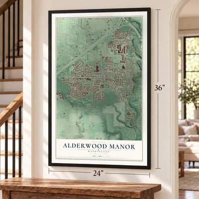 Alderwood Manor, Washington map, 24 x 36 inch print in a black frame by a staircase