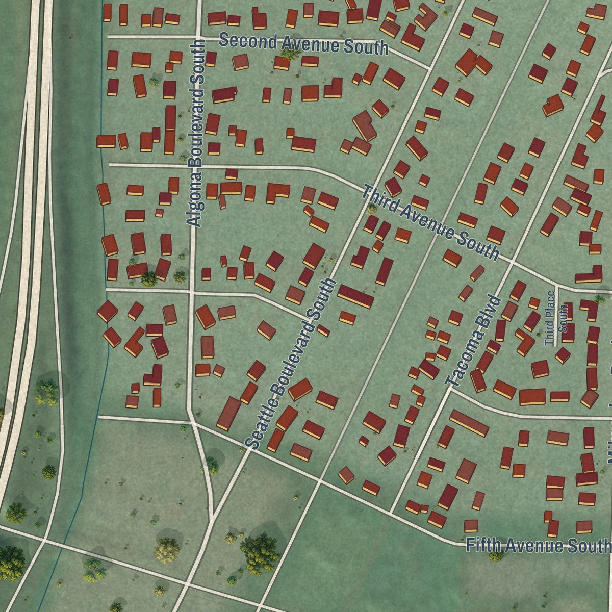 Second close-up of the map of Algona, Washington print showing more streets and buildings