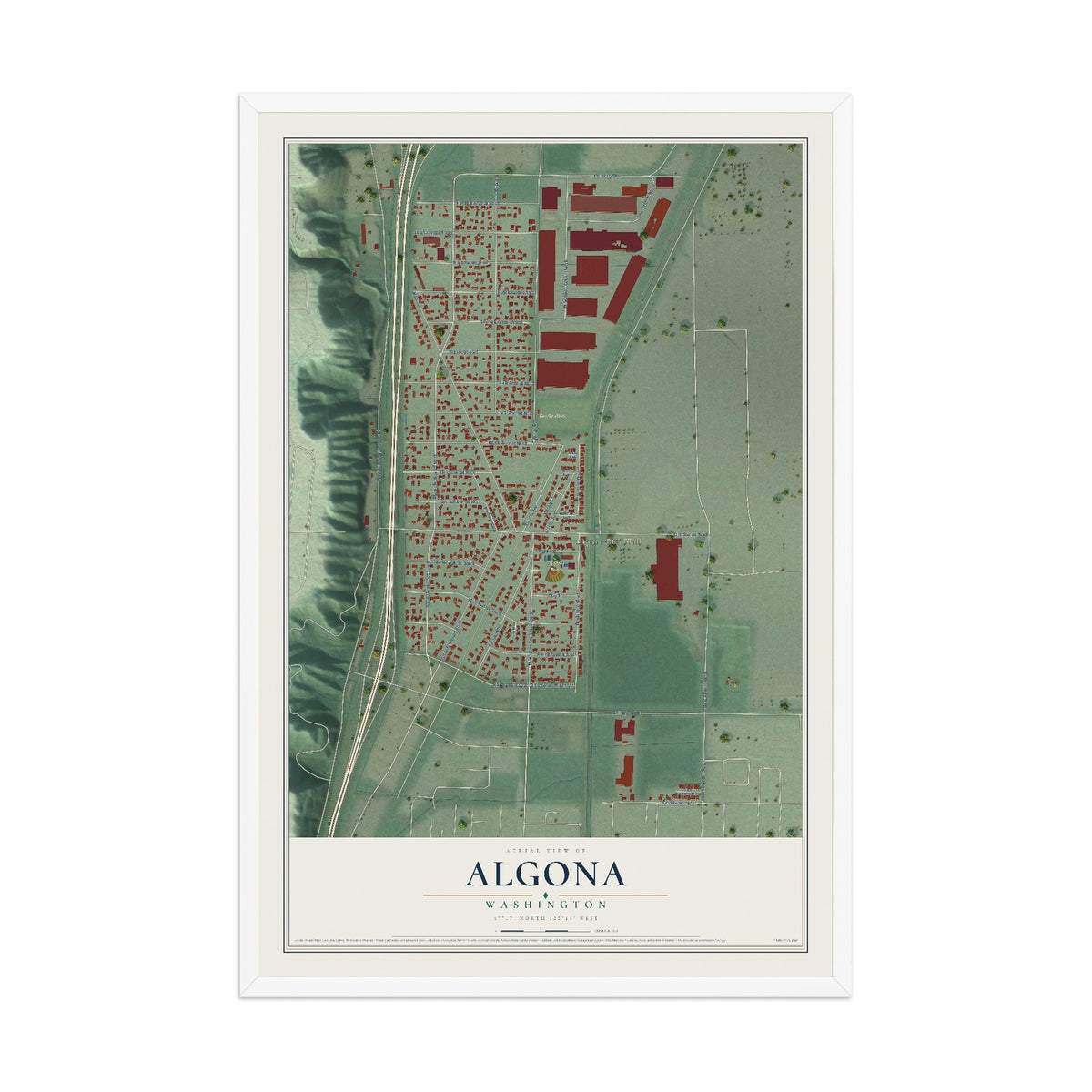 Map of Algona, Washington, 12 x 18 inch print in a white wood frame