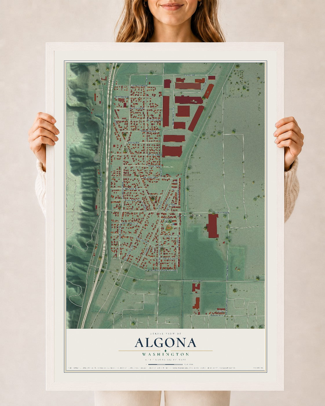 Map of Algona, Washington, 24 x 36 inch print in a white wood frame