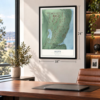 Allyn, Washington map, 18 x 24 inch print in a black frame in a home office