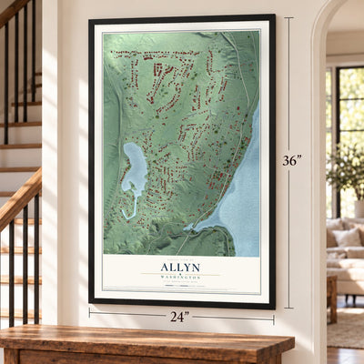 Allyn, Washington map, 24 x 36 inch print in a black frame by a staircase