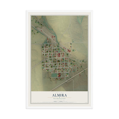 Map of Almira, Washington, 12 x 18 inch print in a white wood frame
