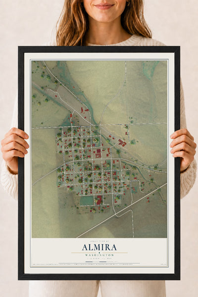 Map of Almira, Washington, 18 x 24 inch print in a black wood frame