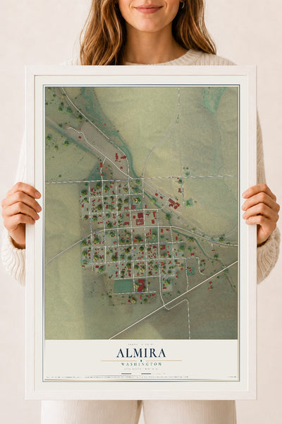 Map of Almira, Washington, 18 x 24 inch print in a white wood frame